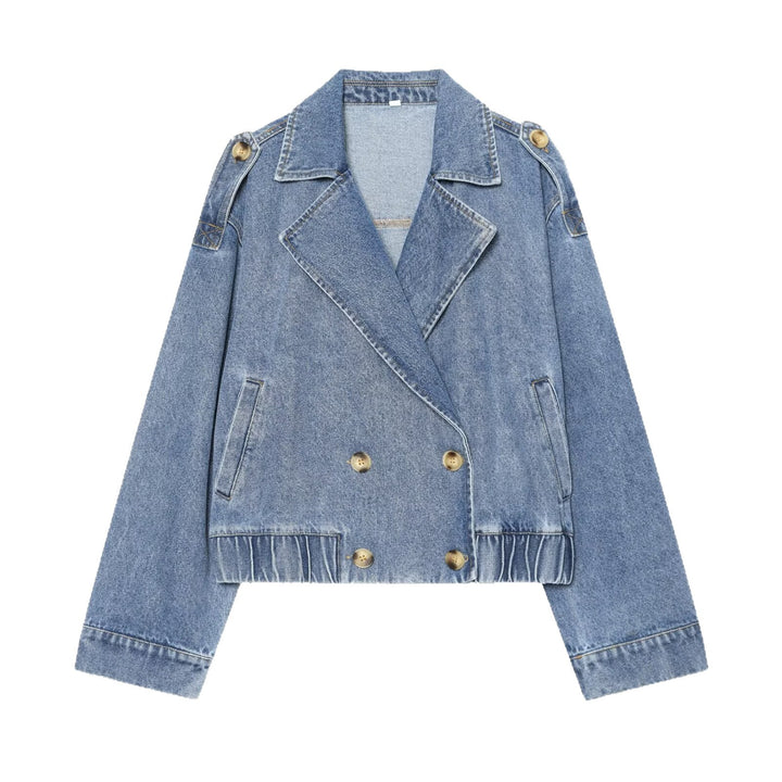 Damen Cropped Jeansjacke im Trench‑Stil mit doppelreihiger Knopfleiste und Schulterklappen Drune