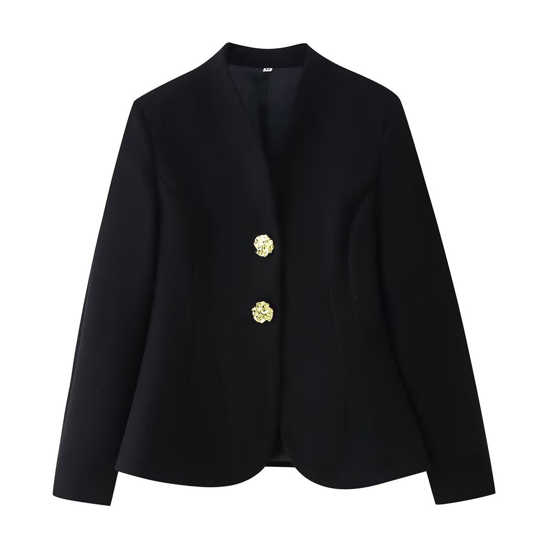 Damen Taillierter Blazer ohne Revers mit goldenen Zierknöpfen Drune