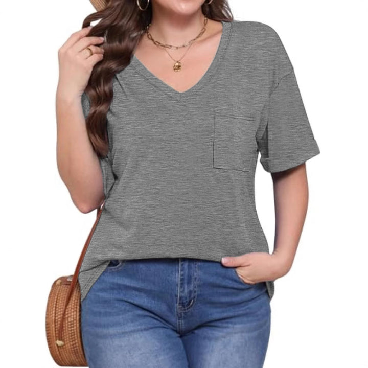 Damen V-Ausschnitt T-Shirt mit Taschen und lässiger Passform Drune