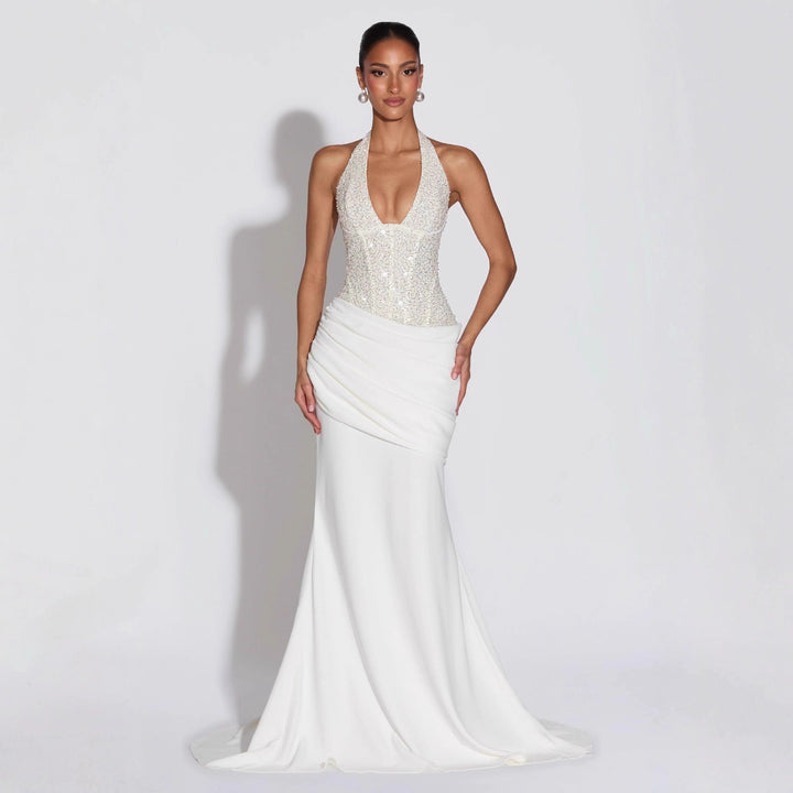 Damen Glamouröses Abendkleid mit tiefem V-Ausschnitt und dekorativen Pailletten Drune