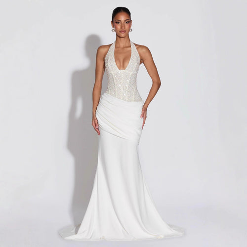 Damen Glamouröses Abendkleid mit tiefem V-Ausschnitt und dekorativen Pailletten Drune