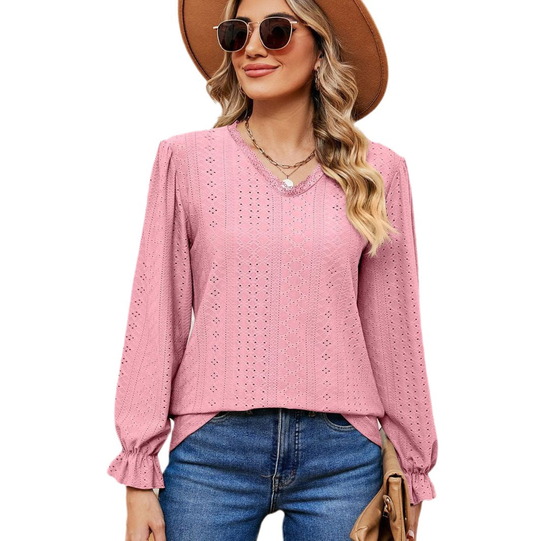 Damen elegantes Blusentop mit aufwendigem Lochmuster und lässigem Schnitt Drune