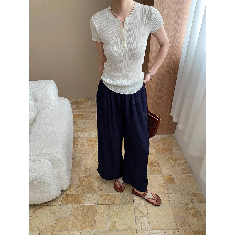 Damen Kurzarm Henley-Oberteil aus ribbed Baumwolle mit Knopfleiste Drune