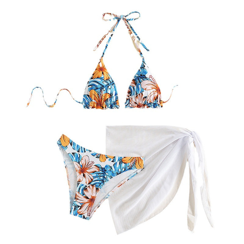 Damen Triangel-Bikini-Set mit floralem Muster und lässigem Tuch Drune