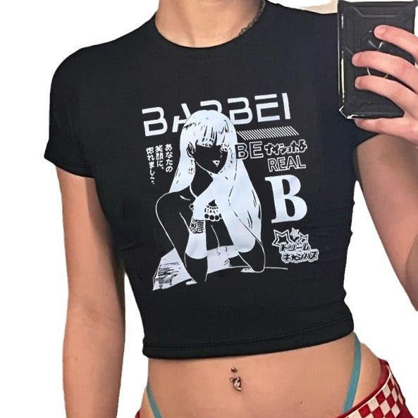 Damen Crop-T-Shirt mit kreativem Skelettdesign und inspirierendem Schriftzug Drune