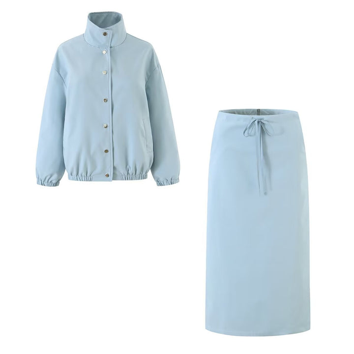 Damen Zweiteiliges Set aus kurzem Blouson mit Stehkragen und hoher Taillen-Bleistiftrock Drune