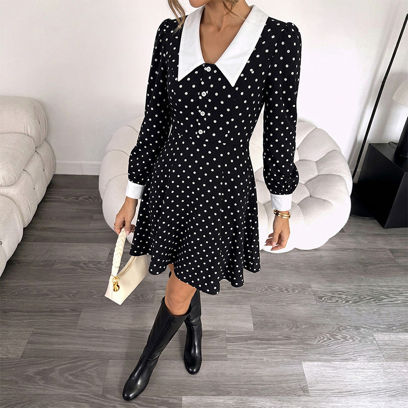 Damen Polka-Dot Minikleid mit Kragen Drune