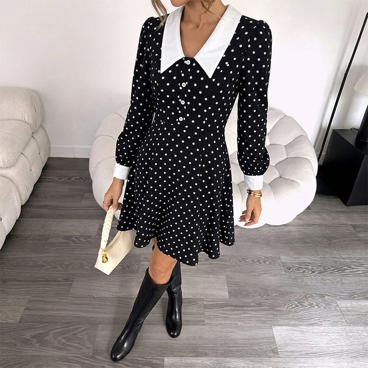 Damen Polka-Dot Minikleid mit Kragen Drune