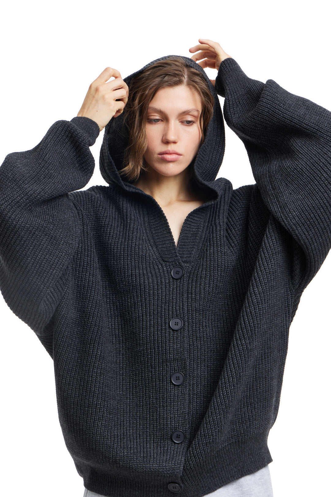 Damen Oversized Strickjacke mit Kapuze und Knopfdetails Drune