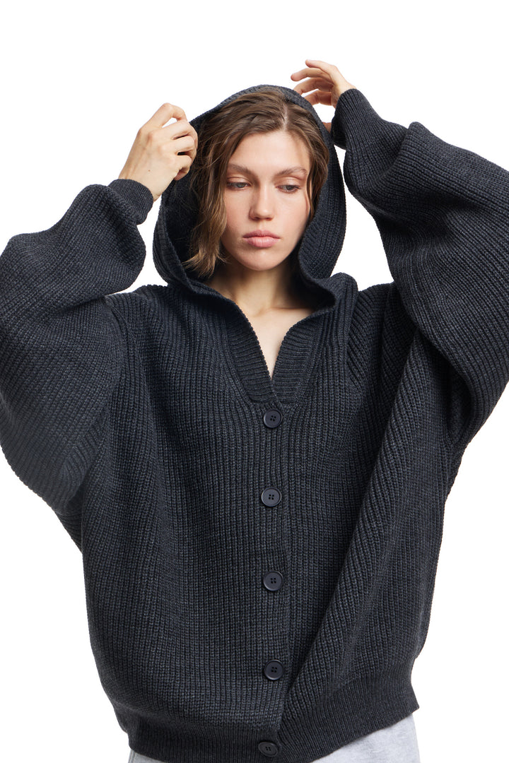 Damen Oversized Strickjacke mit Kapuze und Knopfdetails Drune