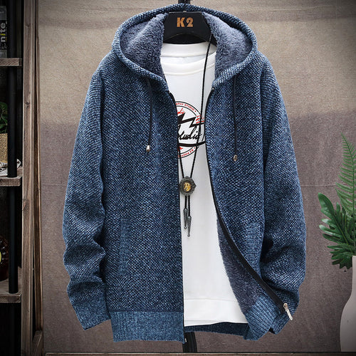 Herren nan gefütterte Strick-Kapuzensweatjacke mit Teddyfutter, durchgehendem Reißverschluss und Kängurutaschen Drune