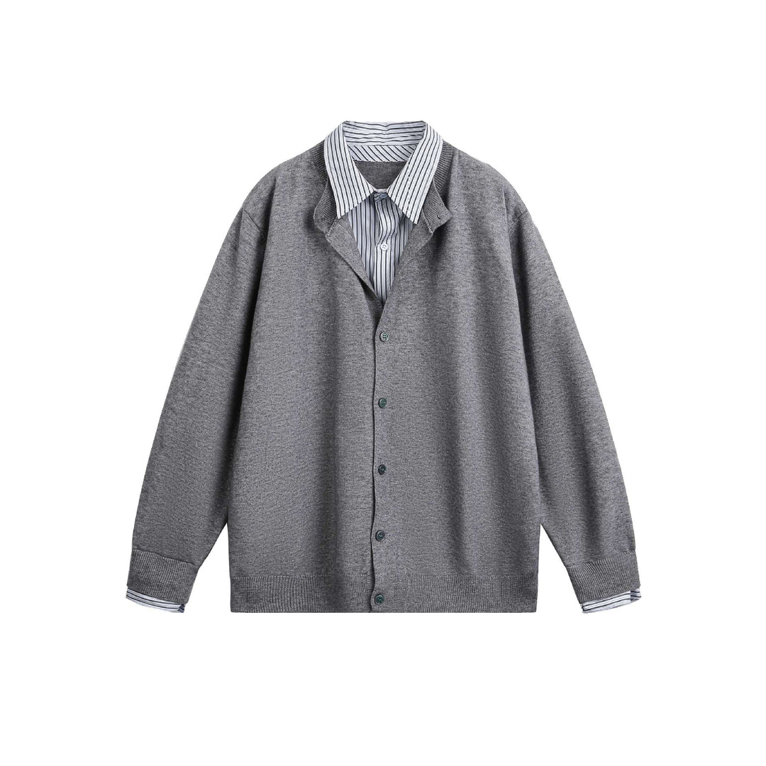 Unisex Lagenlook Strickcardigan mit eingearbeitetem Hemdkragen und Knopfleiste Drune