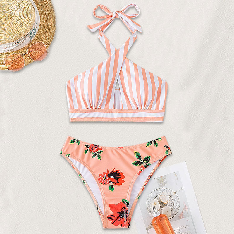 Damen Hochgeschnittener Bikini mit floralem Design und trendigem Wickeloberteil Drune