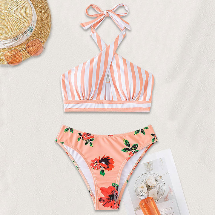 Damen Hochgeschnittener Bikini mit floralem Design und trendigem Wickeloberteil Drune