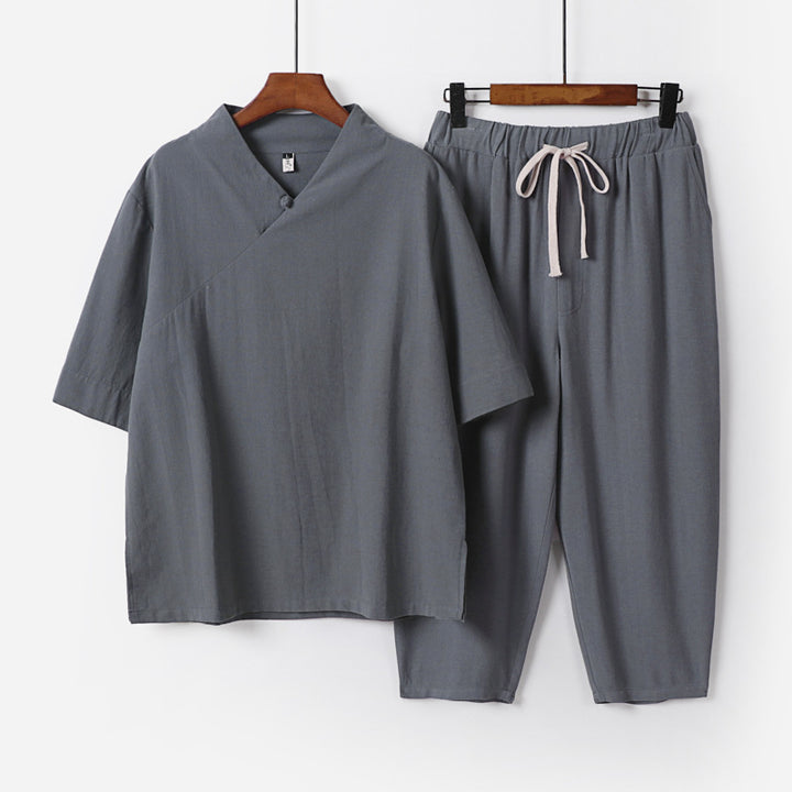 Herren Atmungsaktives Leinen-Baumwoll Lounge-Set mit asymmetrischem V-Kragen und elastischer Kordelhose Drune