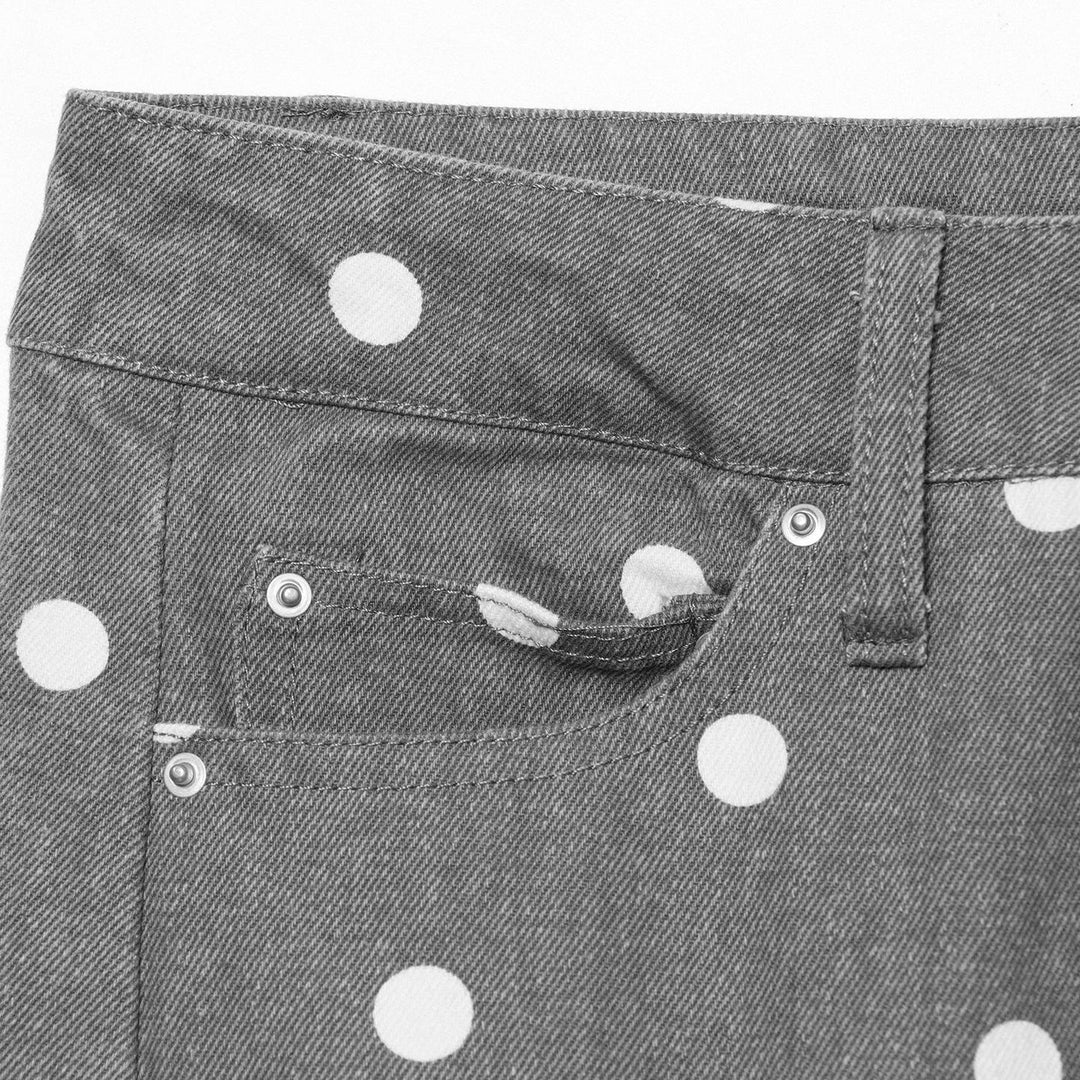 Damen Hochgeschnittene Culotte-Jeans mit weitem Bein, Polka-Dot-Print und aufgesetzten Gesäßtaschen Drune