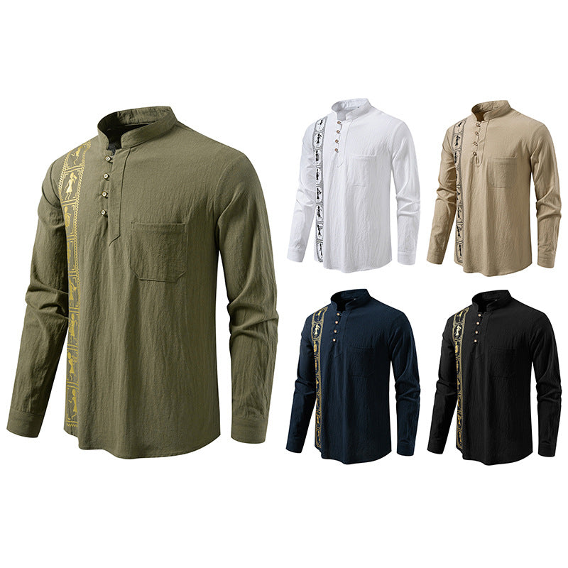 Herren Langärmeliges Baumwoll-Henleyhemd mit Stehkragen und ethnischer Vertical-Stickerei Drune