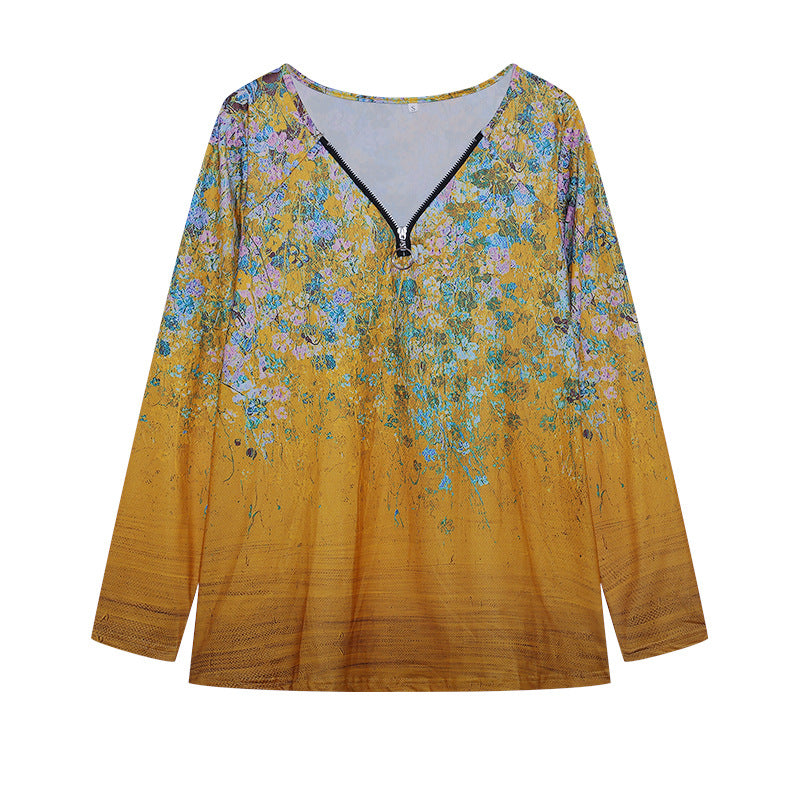 Damen Langarmshirt mit farbenfrohem Blütenmuster und modernem Zipper Drune