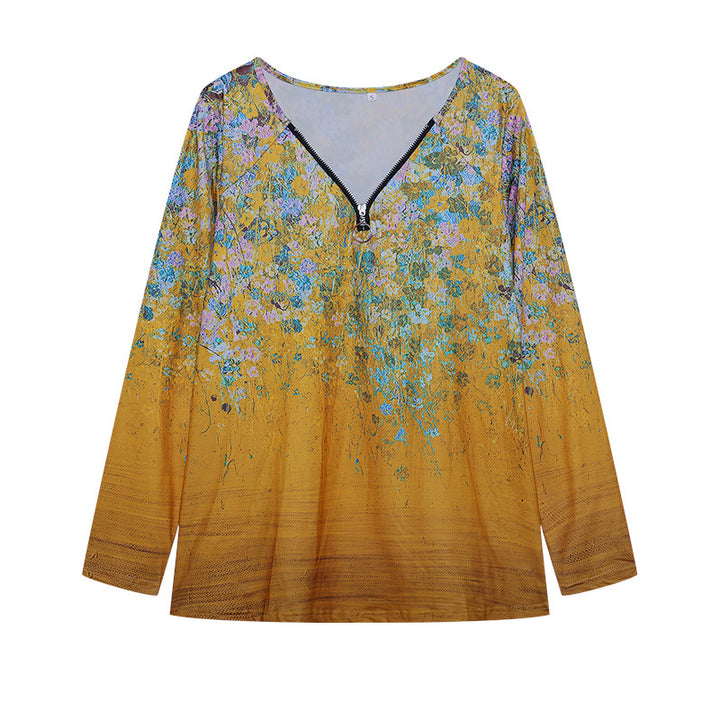 Damen Langarmshirt mit farbenfrohem Blütenmuster und modernem Zipper Drune