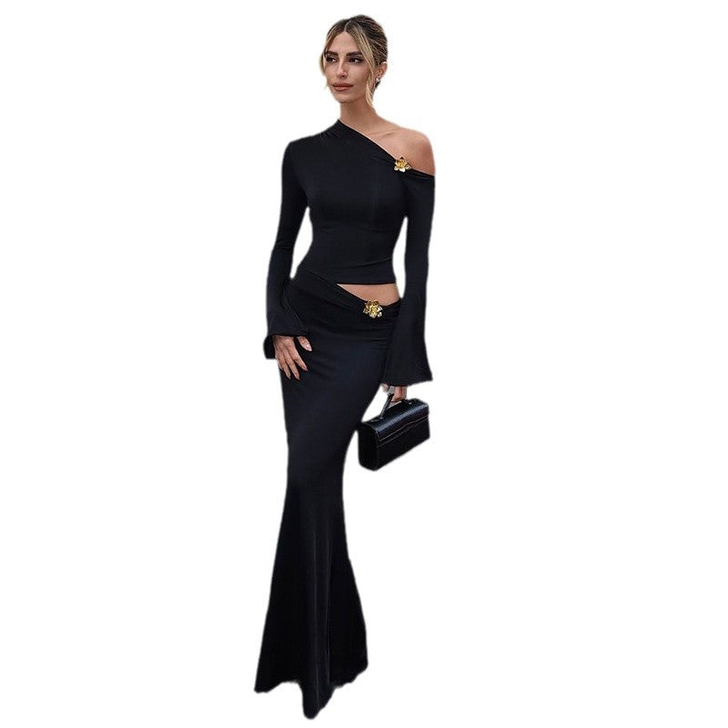 Damen Elegantes Maxikleid mit asymmetrischem Ausschnitt und langen Flügelärmeln Drune