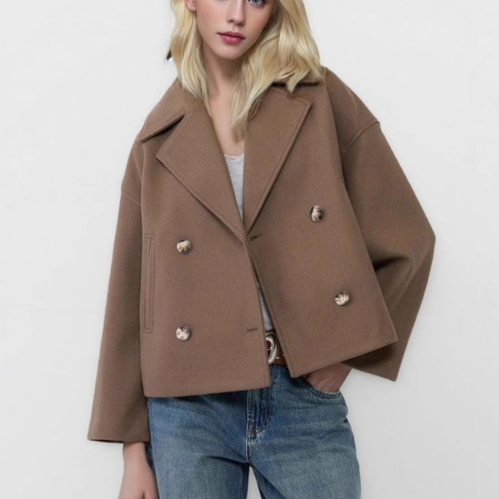 Damen nan kurzes doppeltreihiges Wollmix-Manteljacke im Boxy-Cut mit weitem Reverskragen Drune