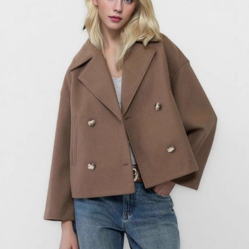 Damen nan kurzes doppeltreihiges Wollmix-Manteljacke im Boxy-Cut mit weitem Reverskragen Drune