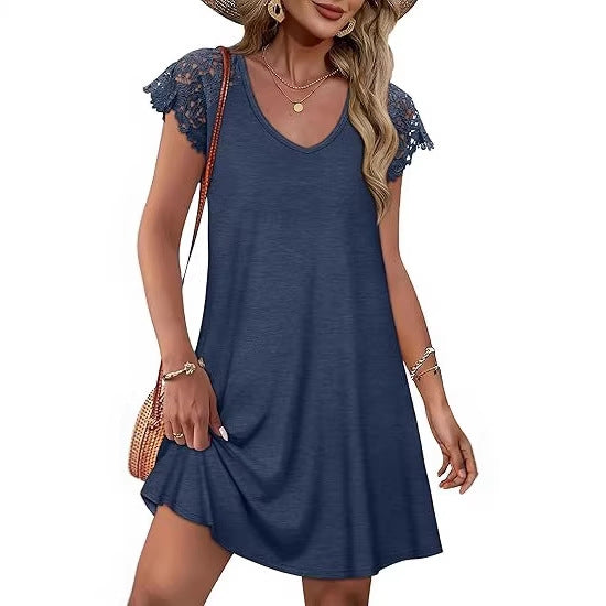 Damen Sommerkleid mit eleganten Spitzenärmeln und floralem Muster Drune