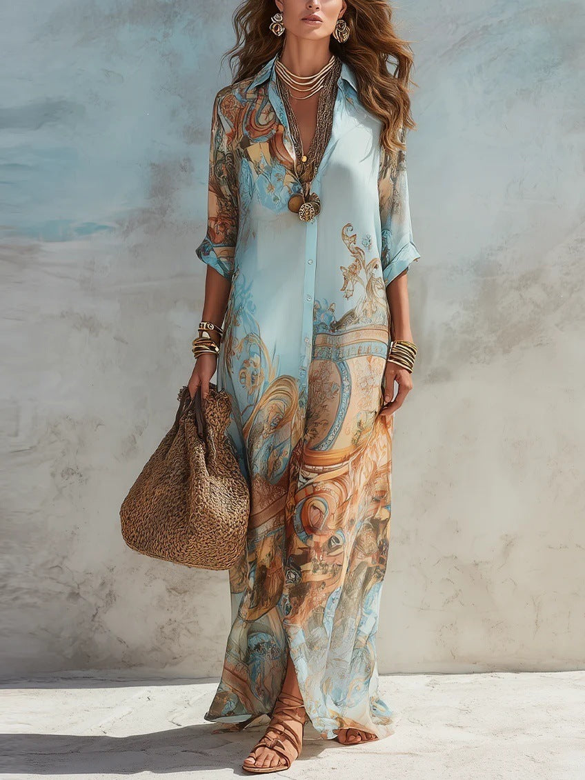 Damen Langarmshirt Kleid im Boho Barock Druck aus luftiger Chiffonqualität Drune