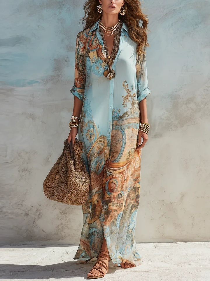 Damen Langarmshirt Kleid im Boho Barock Druck aus luftiger Chiffonqualität Drune