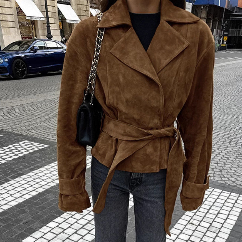 Damen Modische Wildlederjacke mit Gürtel und tailliertem Schnitt Drune
