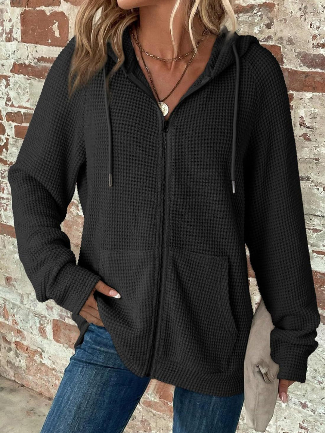 Damen lässige Kapuzenjacke mit strukturiertem Waffelmuster und praktischen Taschen Drune
