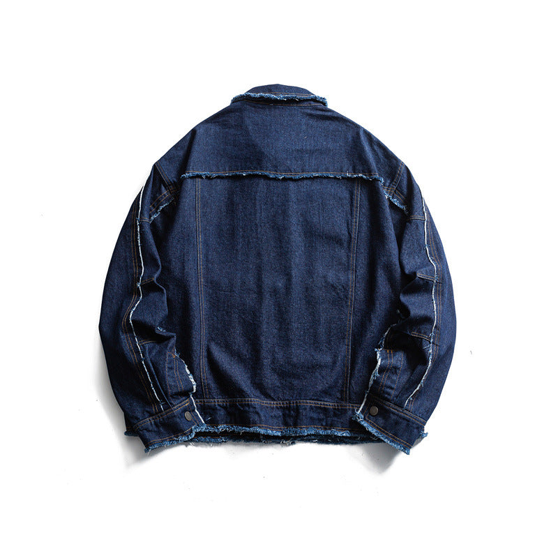 Herren Oversize Jeansjacke mit ausgefransten Kanten und großen Pattenstaschen Drune