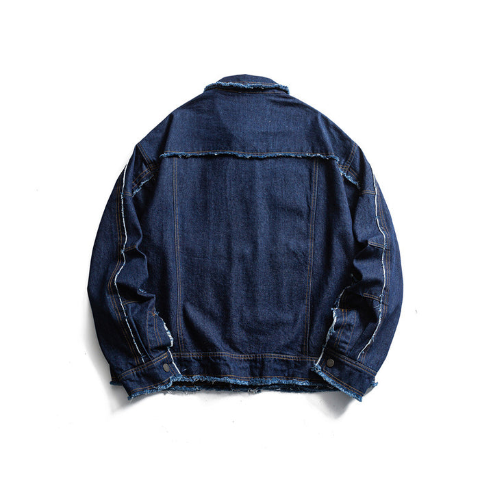 Herren Oversize Jeansjacke mit ausgefransten Kanten und großen Pattenstaschen Drune
