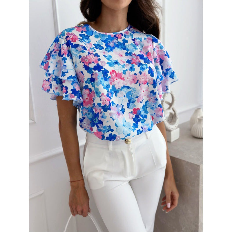 Damen Blusenshirt mit voluminösen Rüschensäumen und floralem Druck Drune