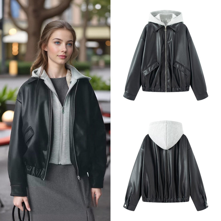 Damen Oversize Kunstleder-Blouson mit Kapuzen-Einsatz und aufgesetzten Pattentaschen Drune