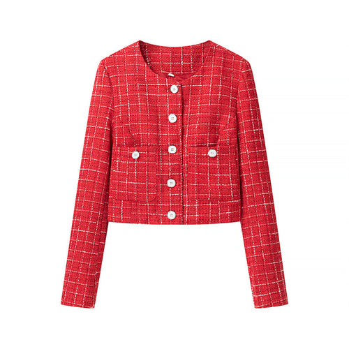 Damen strukturierte Kurzjacke mit knöpfbarem Verschluss und dekorativen Taschen Drune