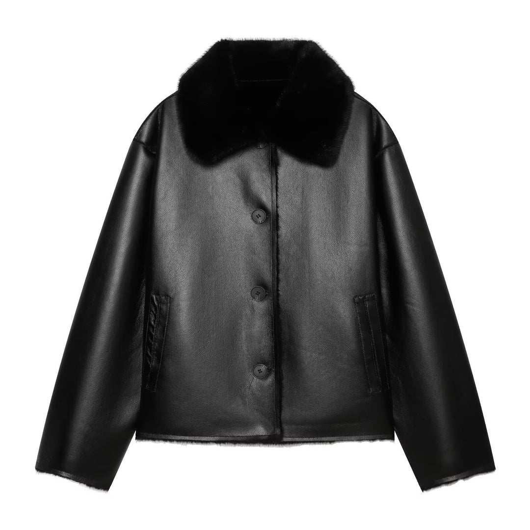 Damen Kurzjacke im Aviator-Style aus Kunstleder mit breitem Fellkragen Drune