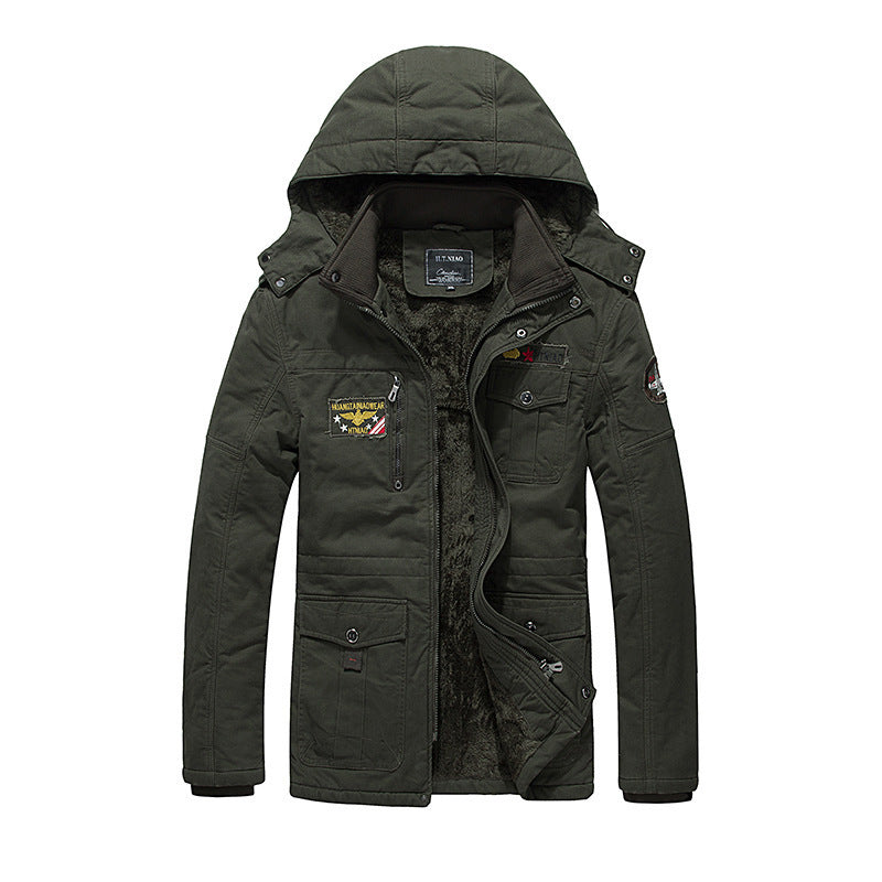 Herren Militärinspirierter Canvas-Parka mit Teddyfutter, abnehmbarer Kapuze und Utility-Taschen Drune