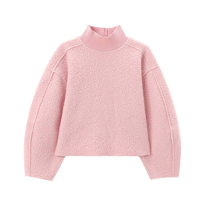 Damen Oversize Cropped Pullover mit Stehkragen und Ballonärmeln Drune
