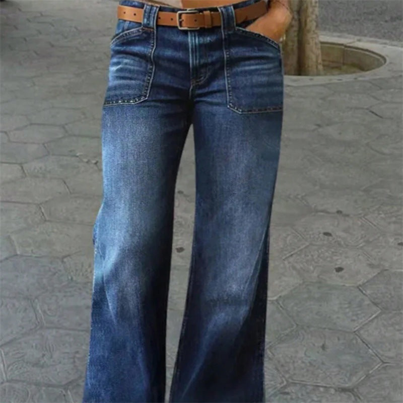 Damen Hochtaillierte Denim-Jeans mit weitem Schlagbein und aufgesetzten Vordertaschen Drune