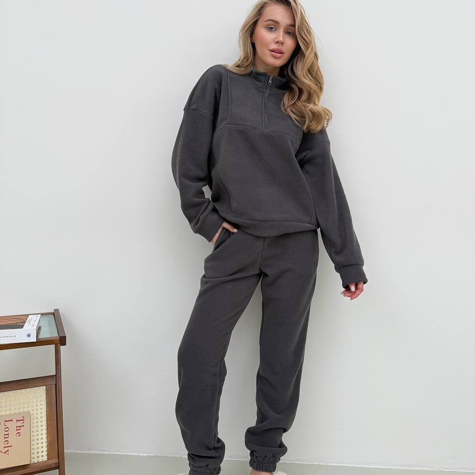 Damen Kuscheliges Fleece-Loungewear-Set mit halbem Reißverschluss und elastischer Jogginghose Drune
