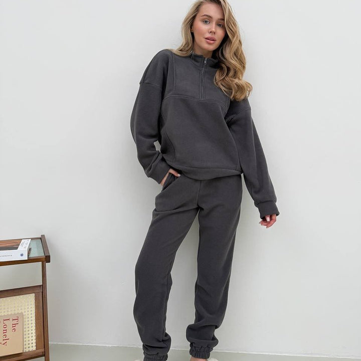Damen Kuscheliges Fleece-Loungewear-Set mit halbem Reißverschluss und elastischer Jogginghose Drune