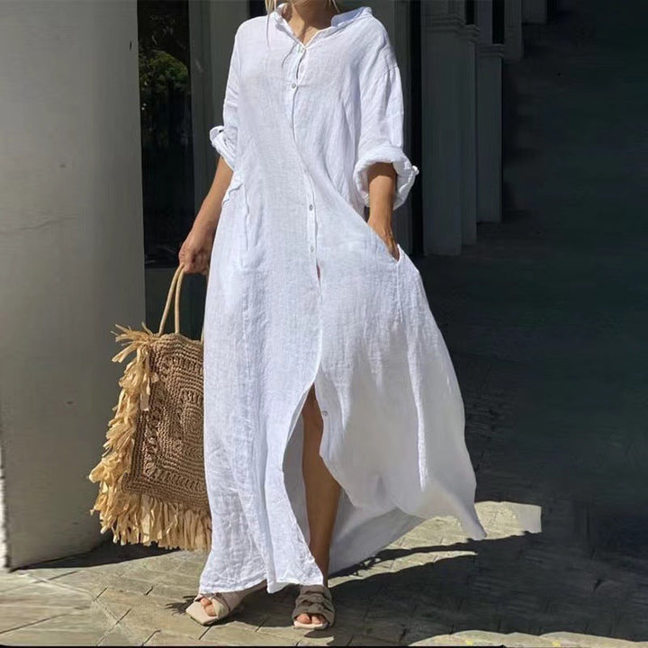 Drune | Einreiher Baumwoll-Leinen Plus Size Langkleid