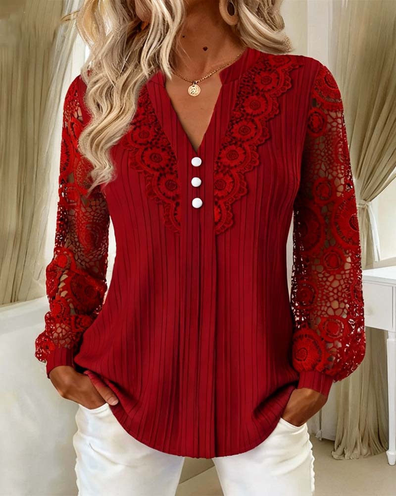 Damen Elegante Plissée-Bluse mit Spitzenärmeln und V-Ausschnitt Drune