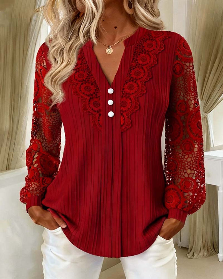 Damen Elegante Plissée-Bluse mit Spitzenärmeln und V-Ausschnitt Drune