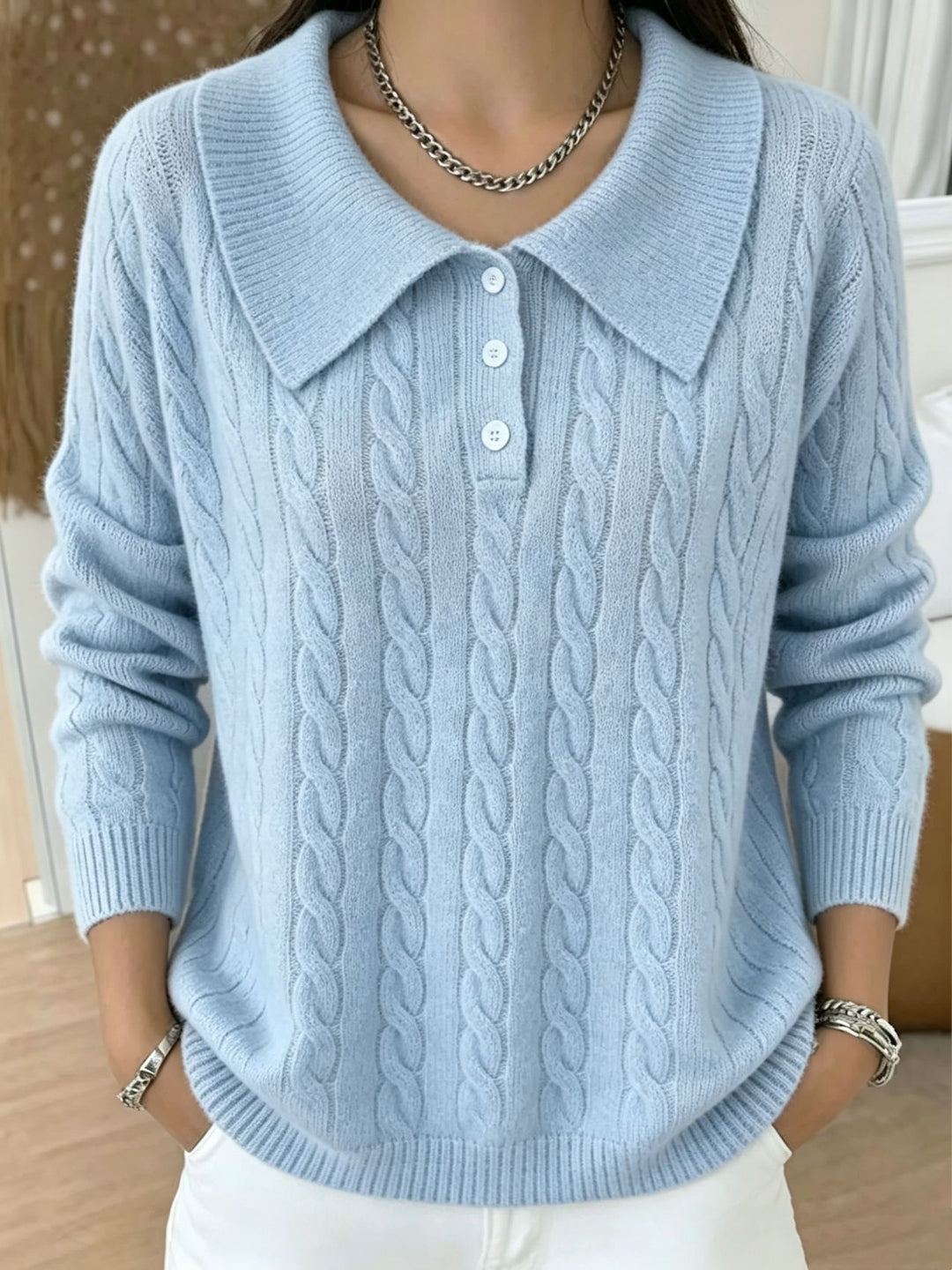 Damen Kabelstrick-Polo-Pullover mit großem Umlegekragen und lockerer Silhouette Drune