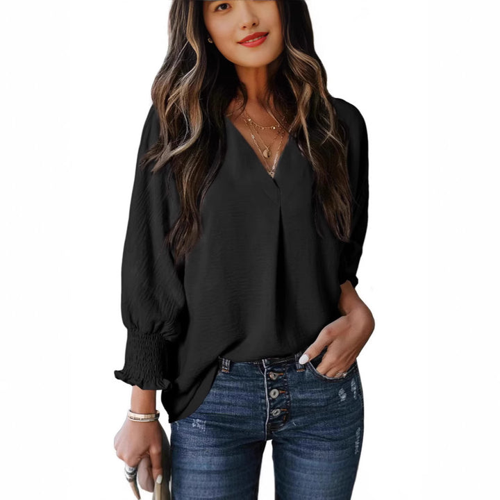 Damen V-Ausschnitt Bluse mit elastischen Ärmelbünden Drune