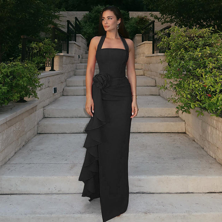 Damen Abendkleid mit asymmetrischem Rüschendesign und verführerischen Halterneck Drune