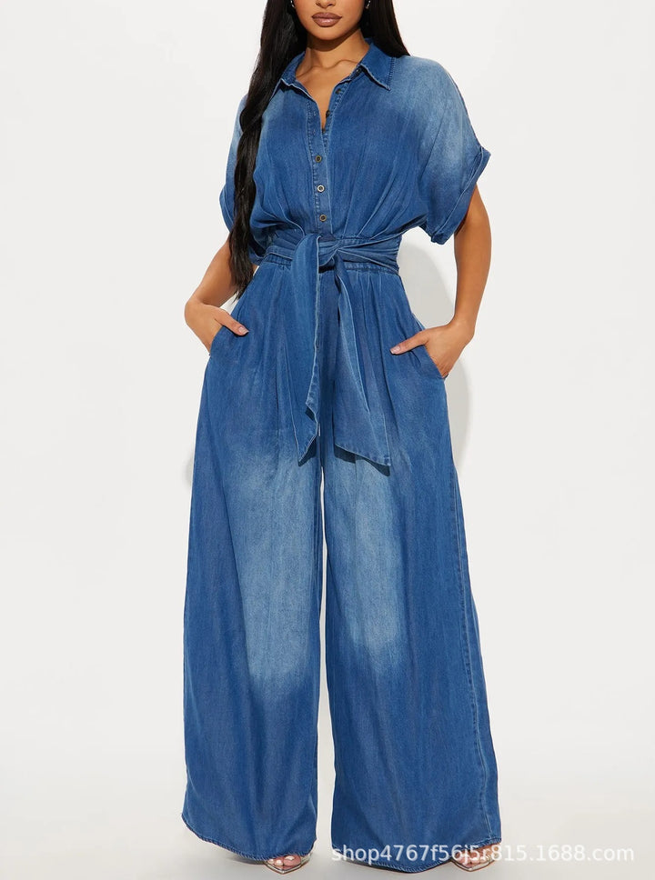 Damen lässiger Denim-Overall mit weitem Bein und praktischen Taschen Drune