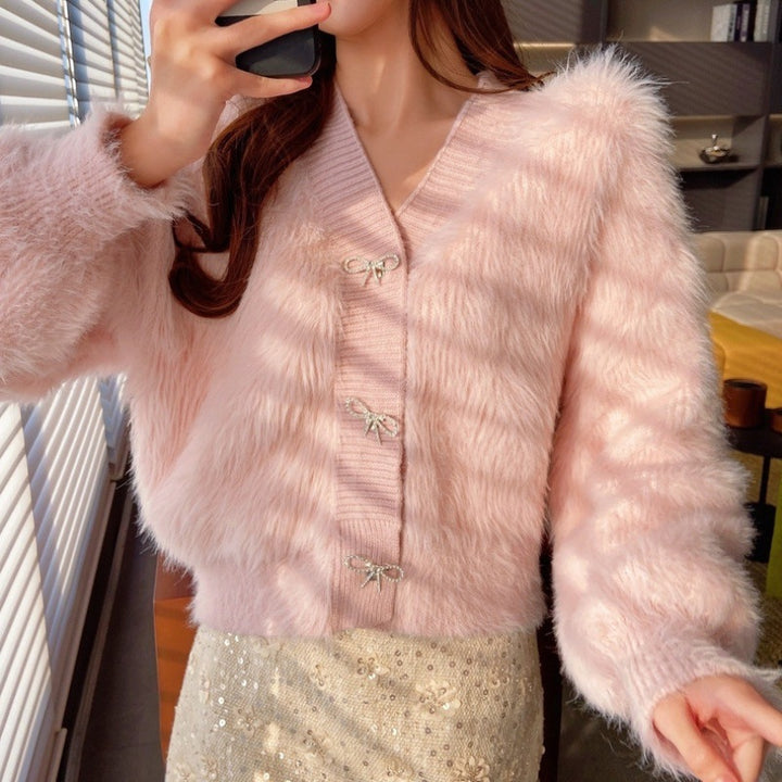 Damen Flauschiger Cardigan mit eleganter Knopfverzierung Drune